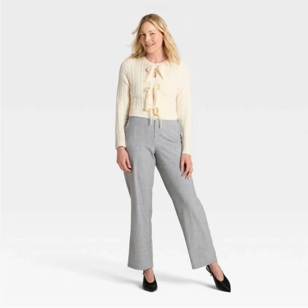 a new day Creme Tie Front Cardigan Bow Sweater Large Long sleeve Cable Knit - Picture 2 of 5